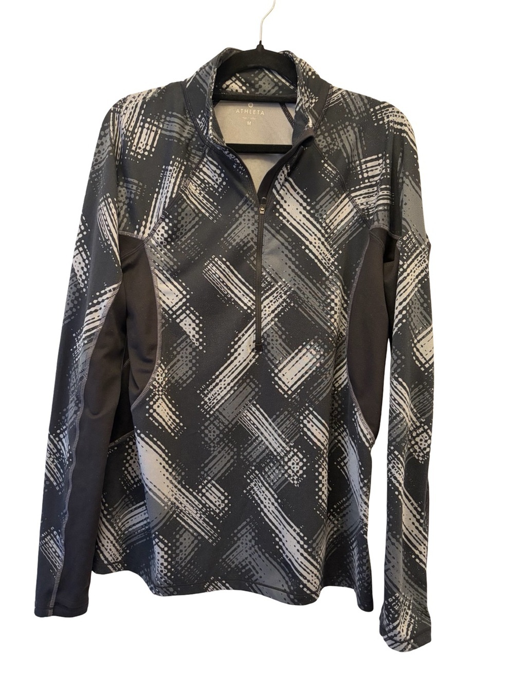Athleta Black Blue/Gray Printed Pullover Top Sweatshirt M Partial Zip Half Zip